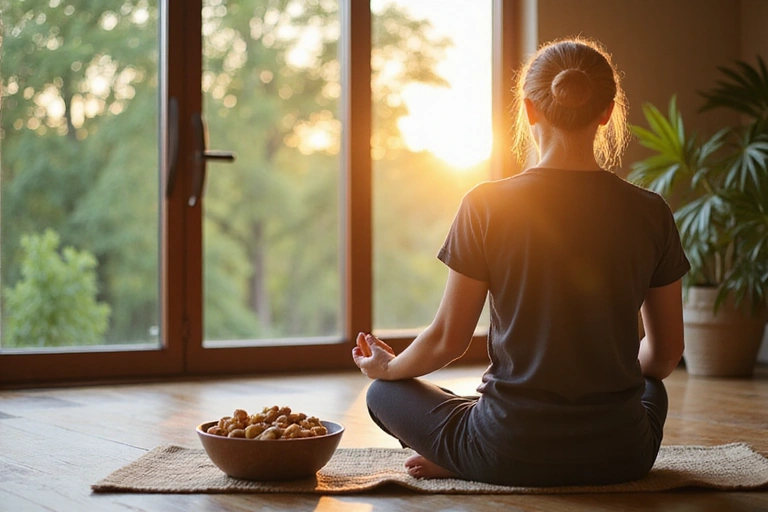 Una persona medita in un ambiente sereno con cibo sano