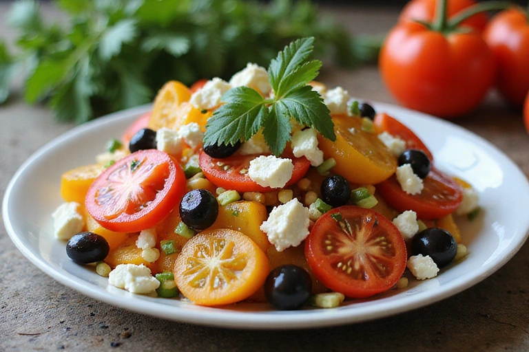 Una ciotola di insalata greca fresca e colorata, con pomodori, cetrioli, olive, feta e origano, con uno sfondo sfocato di mare e sole.