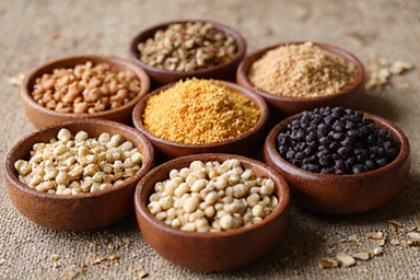 Una selezione di legumi secchi e cereali integrali disposti in ciotole di legno, come lenticchie, ceci, fagioli neri e farro, su una superficie naturale.