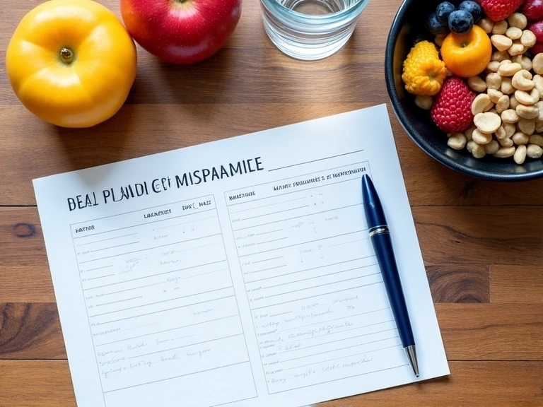 Tavolo con un piano alimentare personalizzato, penna e frutta fresca